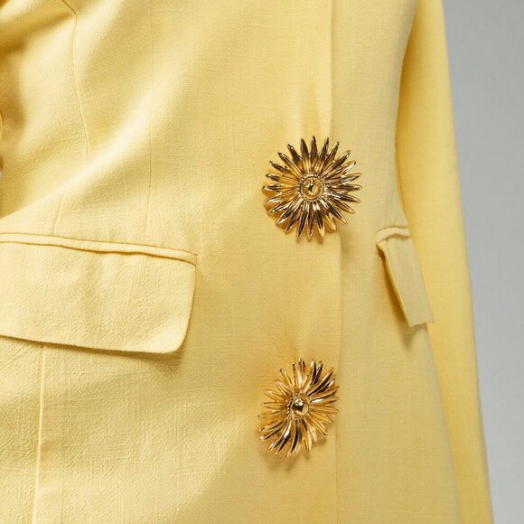 Yellow Elegant Women's Button Detail Structured Linen Blazer Dress - Picture 5 of 6
